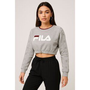 Fila Grey Y2K Sporty Cropped Crewneck Sweatshirt Snap Sleeve Logo Pullover (M)